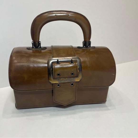 Vintage Roman Leather Handbag with Buckle hard box doctor bag type purse. Used.